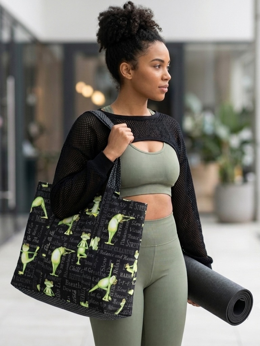 Handmade Yoga Frogs Reversible Tote Bag Large Pockets Meditate Novelty Quirky